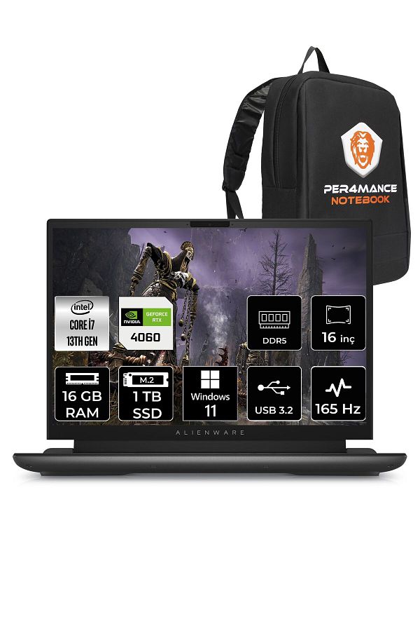 Dell Alienware M16 i7-13700HX 16GB RAM 1TB SSD RTX4060/8GB 165HZ 16 QHD+ W11PRO & PER4 ÇANTA