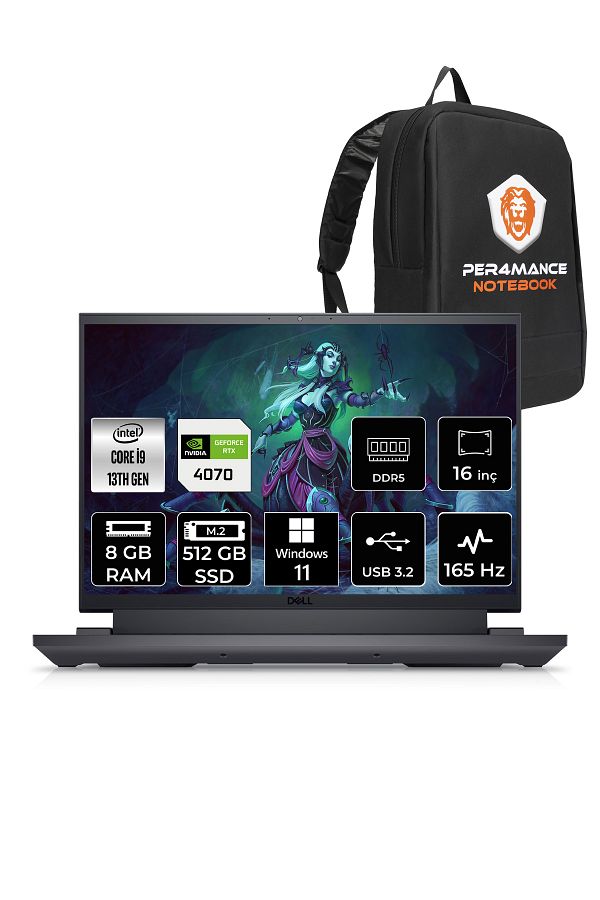 Dell G16 7630 i9 13900HX 8GB 512GB SSD RTX4070/8GB 165Hz 16" QHD+ W11PRO G167630020WH & PER4 ÇANTA