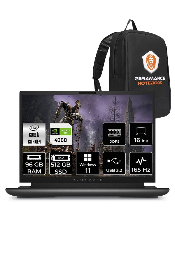 Dell Alienware M16 i7-13700HX 96GB RAM 512GB SSD RTX4060/8GB 165HZ 16 QHD+ W11HOME & PER4 ÇANTA