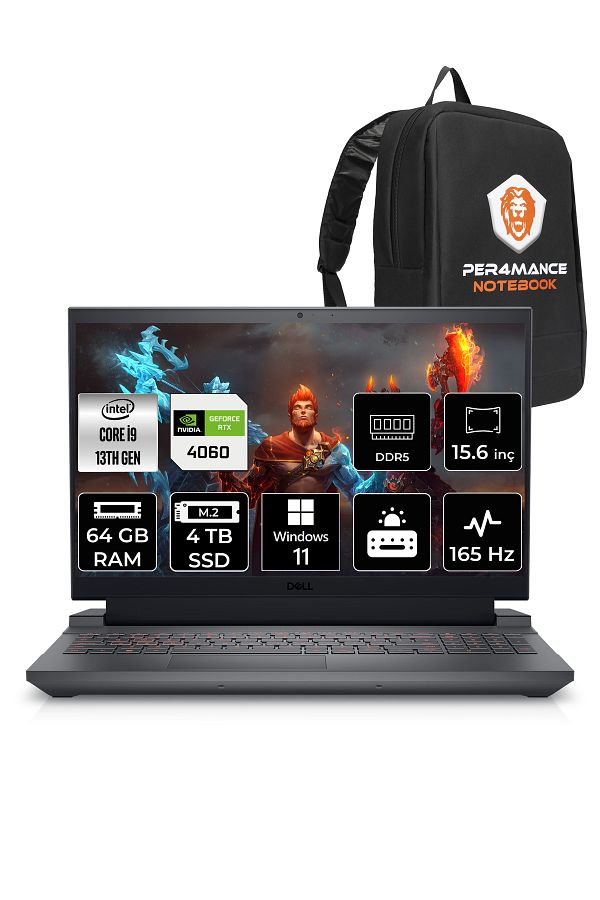Dell G15 5530 i9 13900HX 64GB 4TB SSD RTX4060/8GB 165Hz 15.6" FHD W11P G155530016WH & PER4 ÇANTA