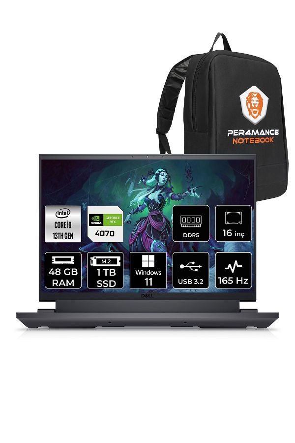 Dell G16 7630 i9 13900HX 48GB 1TB SSD RTX4070/8GB 165Hz 16" QHD+ W11PRO G167630020WH & PER4 ÇANTA