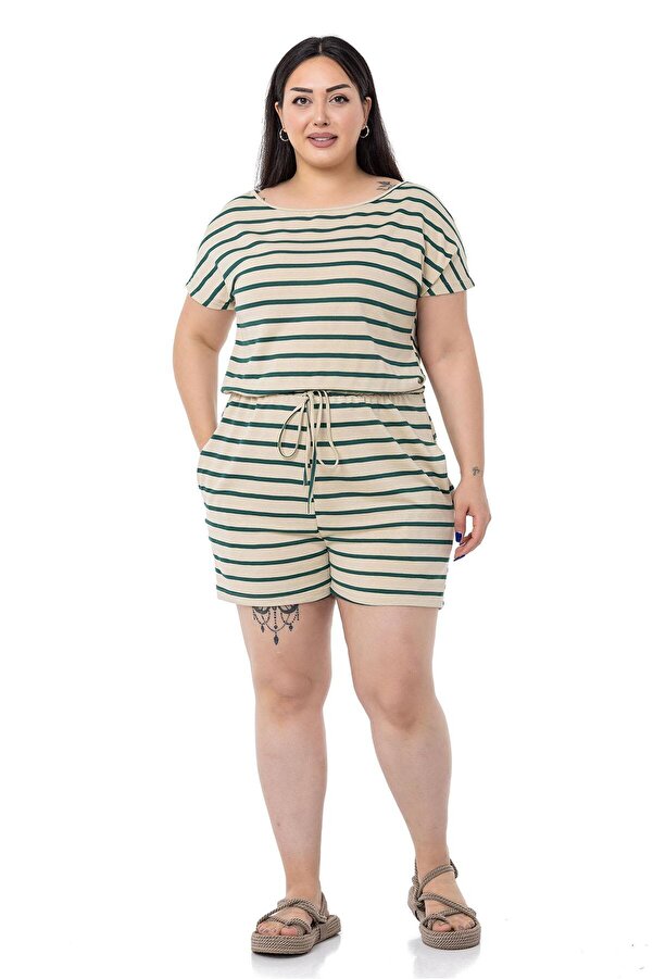 Drop Sleeve Elastic-waist with Pockets Shorts Jumpsuit — Emerald