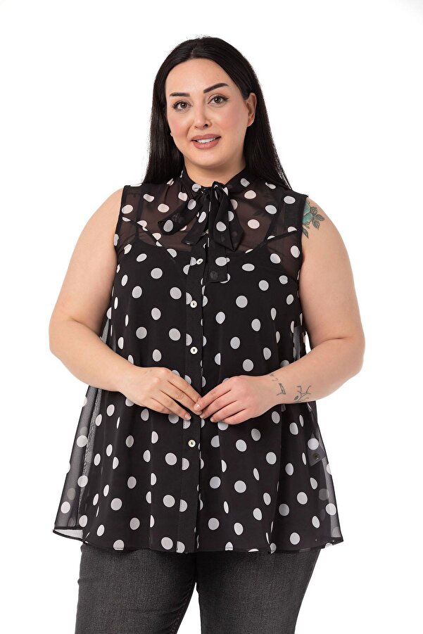 Self Scarf-detail Sleeveless Polka-dot Chiffon Shirt &mdash; Black