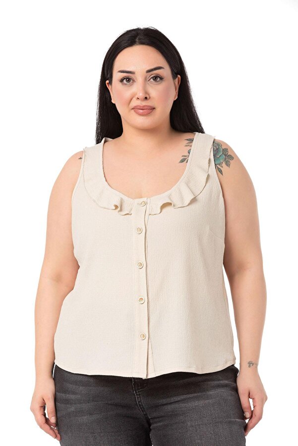 Frilled Neck Sleeveless Buttoned Blouse — Beige
