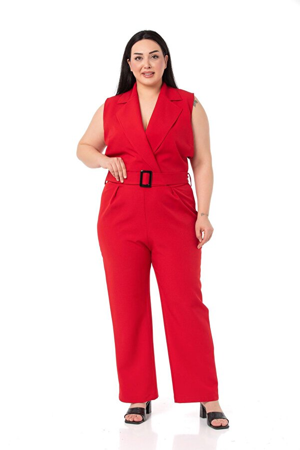 Wrap-front Elastic-waist Zip Fastened Belted Jumpsuit — Red