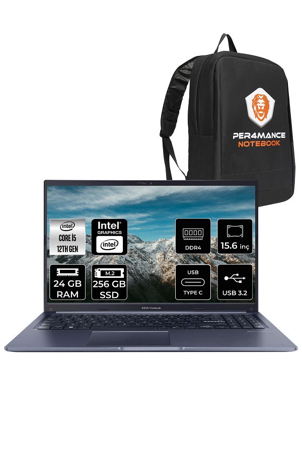 ASUS Vivobook 15 X5102ZA i5 1235U 24GB RAM 256GB SSD 15.6'' FHD FDOS EJ1644  & PER4 ÇANTA