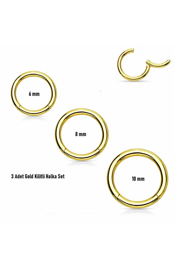 316L Cerrahi Çelik Kıkırdak Tragus Helix 6mm,8mm,10mm 3Adet Kilitli Halka Hızma Küpe Piercing Set