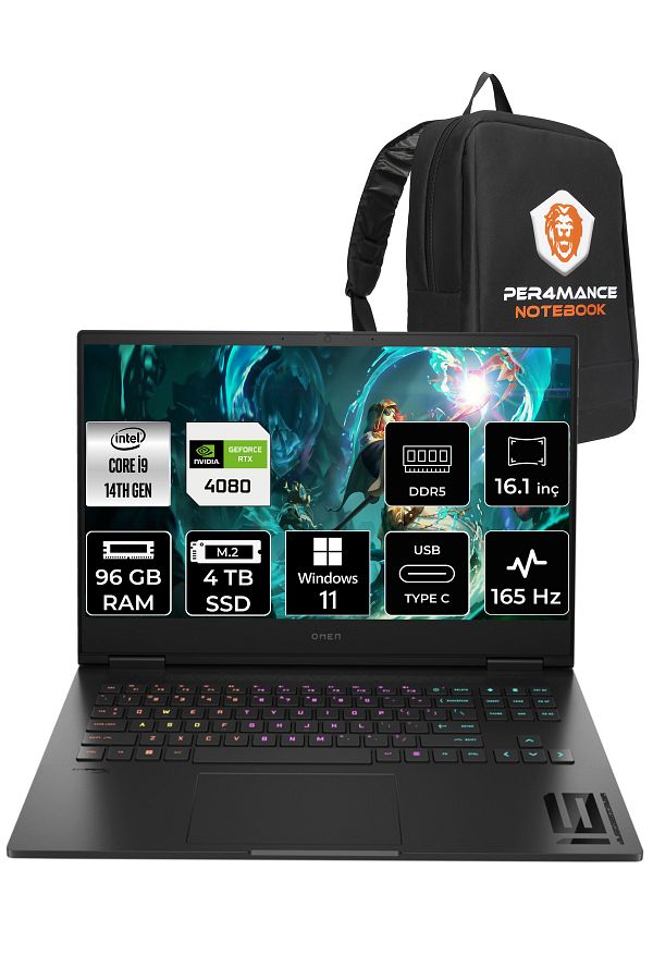 HP OMEN 16  i9-14900HX 96GB RAM 4TB SSD RTX4080/12GB 165Hz 16.1 FHD W11PRO 9J2A5EA & PER4 ÇANTA