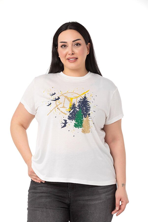 Ağaç Printed Crew Neck T-shirt — Hardal-beyaz