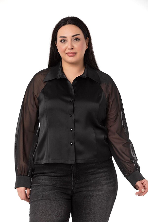 Sleeve Tulle Contrast-panel Cuffed Satin Shirt — Black