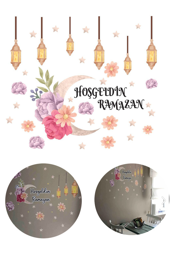 Hoşgeldin Ramazan Renkli Çicekli Sarkıt Fener Cam Duvar Dekorasyon Sticker Seti Ramazan Bayram Süsü