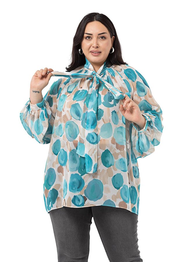 Scarf-detail Back Pleated Loose-fit Cuffed Chiffon Blouse — Turquoise