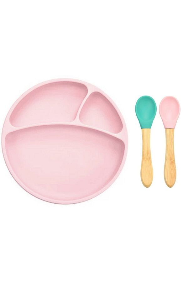 Pembe Silikon Tabak ve  Bambu Saplı Silikon Kaşık