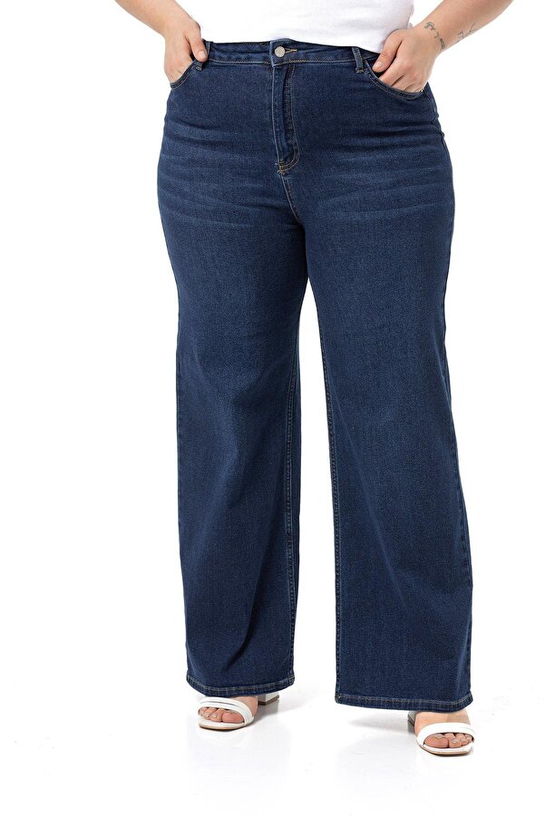High-waist Wide-leg Denim Trousers — Navy