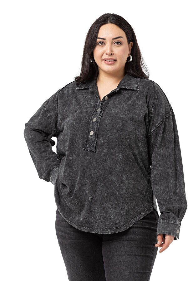 Half Placket Buttoned Contrast-stitch Piece Dyed Shirt — Black