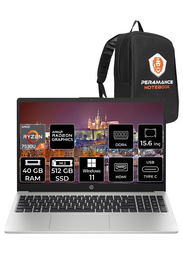 HP 255 G10 Ryzen 5 7530U 40GB RAM 512GB SSD 15.6'' FHD W11PRO 8A547EA & PER4 ÇANTA