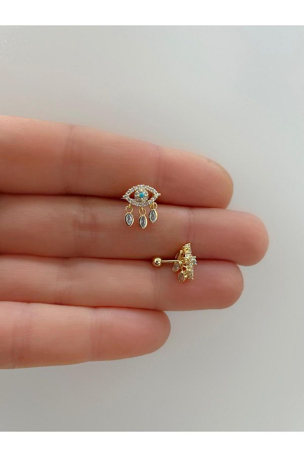 ZİRKON TAŞLI SALLANTILI GÖZ TRAGUS HELİX KIKIRDAK LOBE UYUMLU PİERCİNG KÜPE (1 ADET)