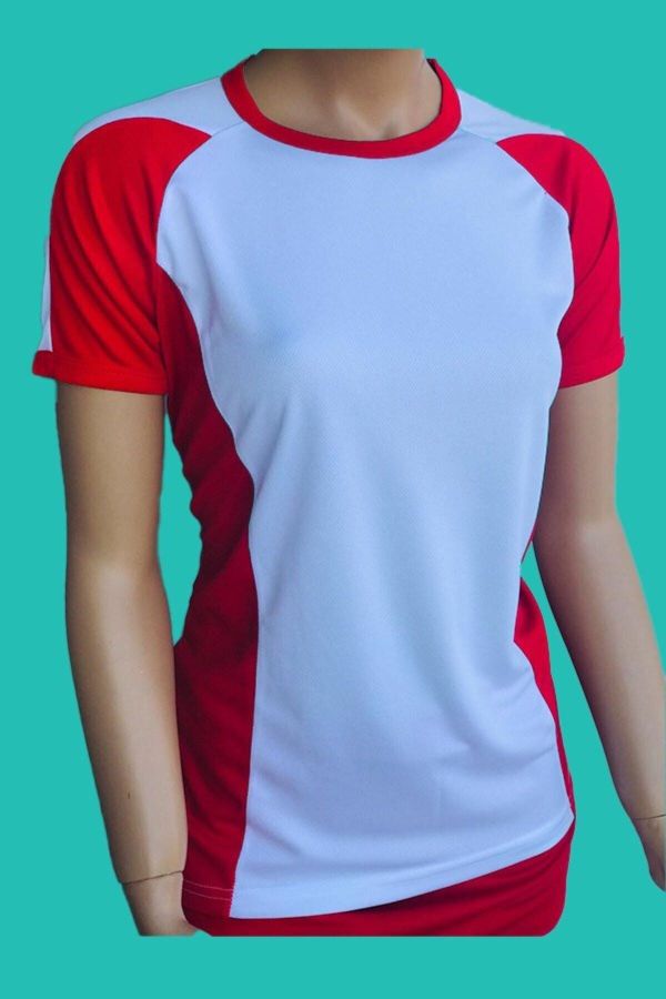 Kırmızı Parçalı Beyaz Büyük Beden Kadın Spor Tişört