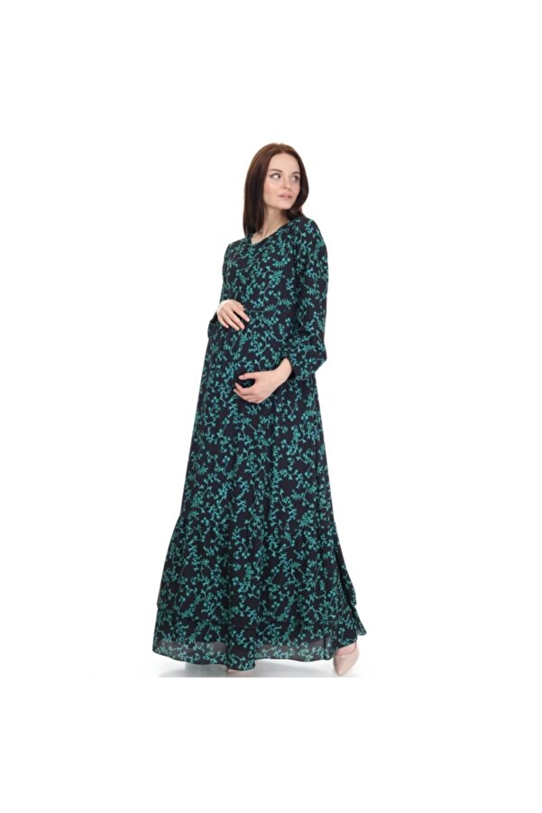 Kadın Yeşil Desenli Maxi Hamile Elbise İlkem Hamile