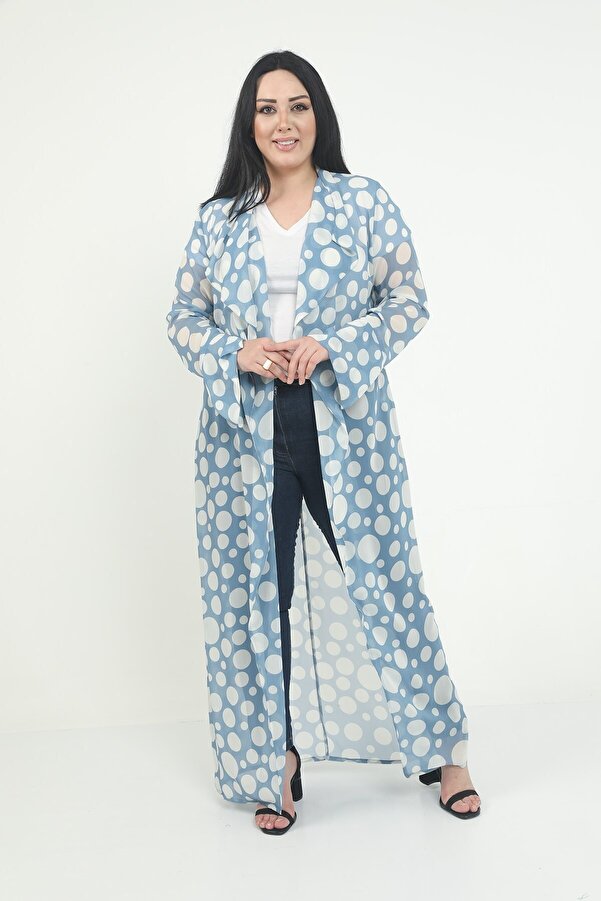 Mendil Neck Dotted Sleeves Slit-detail Long Kimono — Blue
