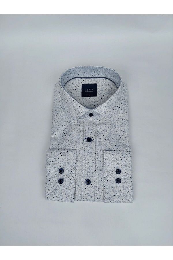 Erkek Beyaz Lacivert Mini Desenli Slim Fit Gömlek Fahrettin Moda