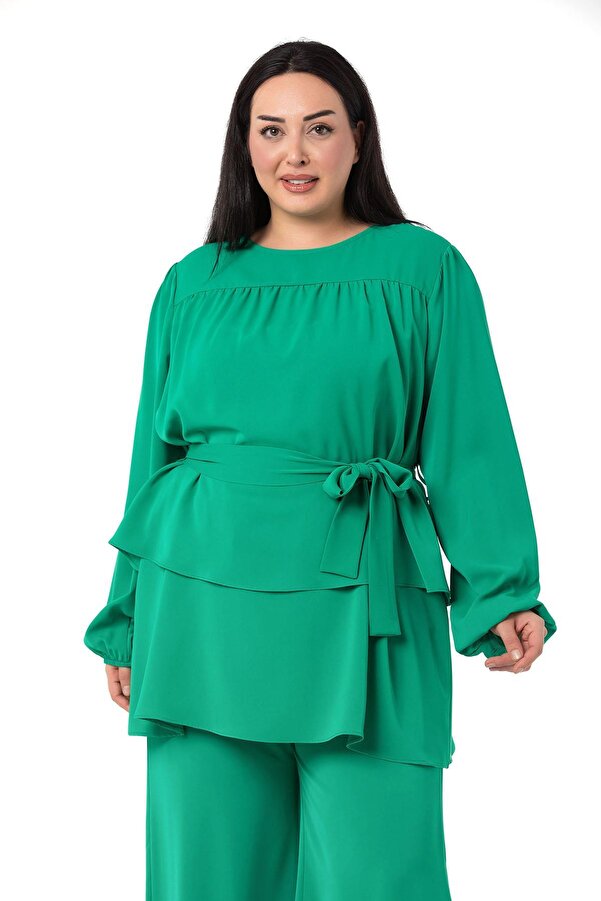 Front Double Tiered Belted Sleeve Opening Elasticated Blouse — Benetton Green
