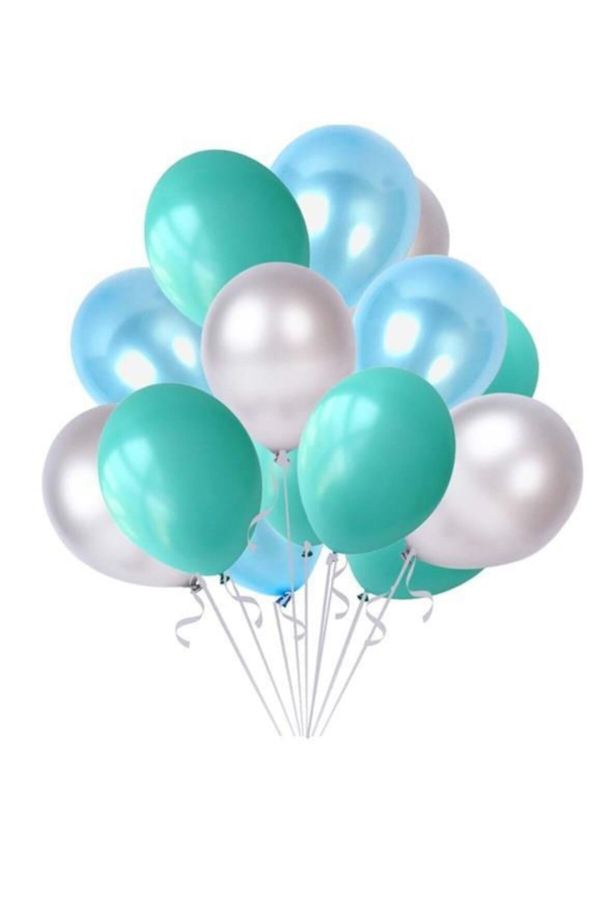 30'lu Mint Su Yeşili - Metalik Gümüş Gri - Metalik Bebek Mavisi Açık Mavi Sedefli Balon Seti