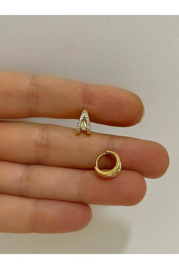 iki sıra zirkon taşlı tragus helix kıkırdak kulak memesi uyumlu halka piercing küpe  (1 adet )