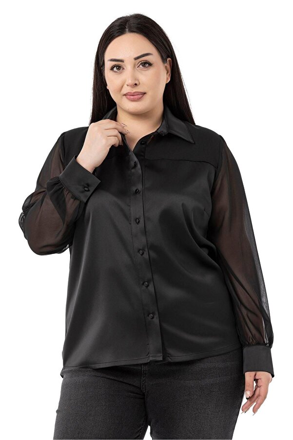 Chiffon Satin Contrast-panel Cuffed Shirt — Black