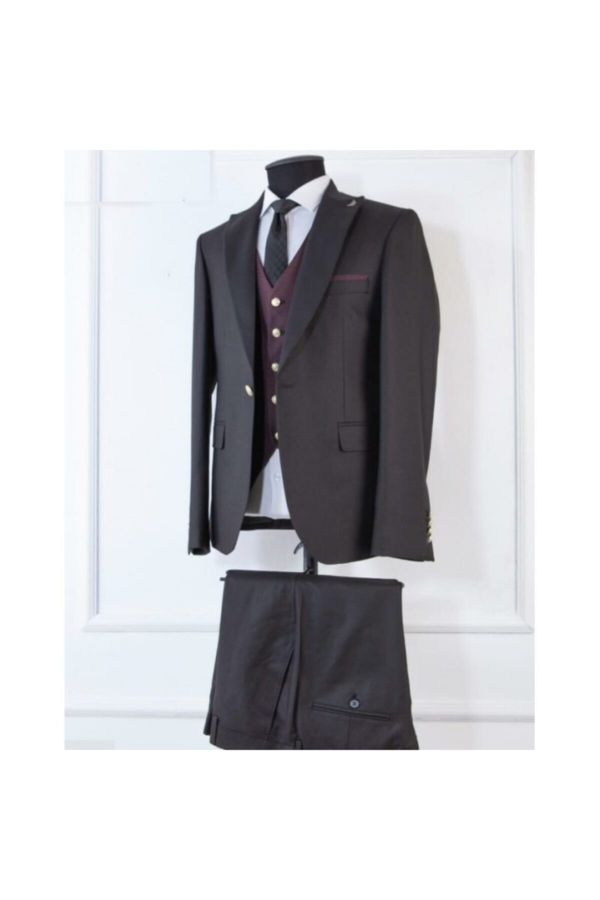 Y051-01 Siyah Slim Fit Yelekli Kombin Takım Elbise
