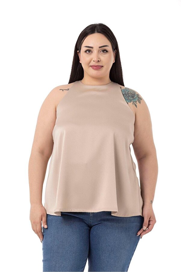 Halter Neck Satin Textured Lined Blouse — Beige