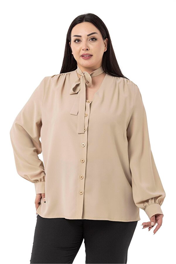 Neck Tie-detail Cuffed Shirt — Beige