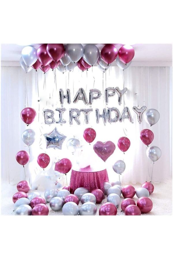 Fuşya Gümüş Kalp Ve Yıldız Folyolu Happy Birthday Balon Doğum Günü Balonu Kombin Seti