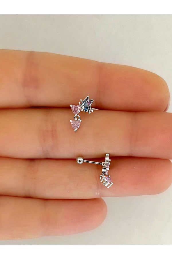 CERRAHİ ÇELİK ZİRKON TAŞLI PEMBE KALPLİ TRAGUS KIKIRDAK HELİX LOBE UYUMLU PİERCİNG KÜPE ( 1 ADET)