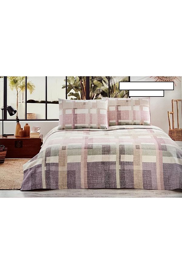 Plaid Moderno Çift Kişilik Pike Takımı Ranforce Pudra