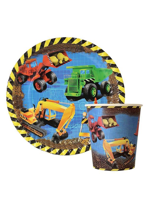 Inşaat Teması (8 Tabak + 8 Bardak) Insaat Kamyon Konsept Parti Set Iş Makinaları Vinç Kepçe Dozer