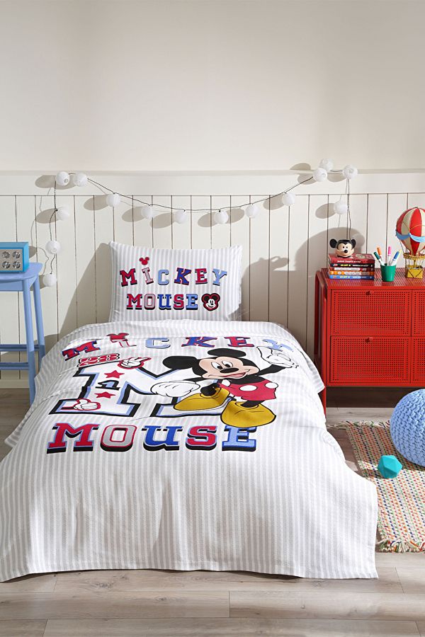 Mickey Mouse Collage Tek Kişilik Disney Lisanslı Lastikli Fitted Çarşaf Çocuk Pike Takımı