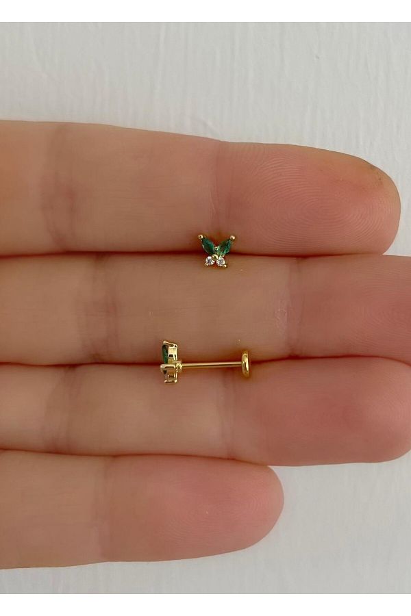 1 adet yeşil  zirkon taşlı kelebek arkası düz önden takmalı tragus  kıkırdak uyumlu piercing küpe