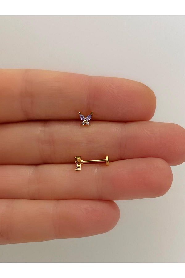1 adet mor  zirkon taşlı kelebek arkası düz önden takmalı tragus helix kıkırdak uyumlu piercing küpe