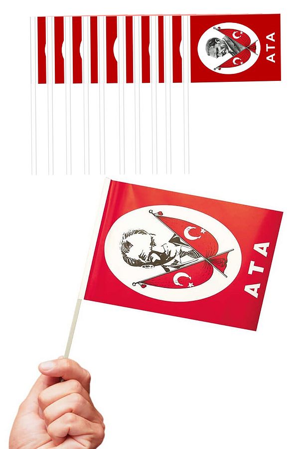 10 Adet Çubuklu Kağıt Ata Türk Bayrağı Çıtalı Sopalı Atatürk Baskılı Bayrak Süs
