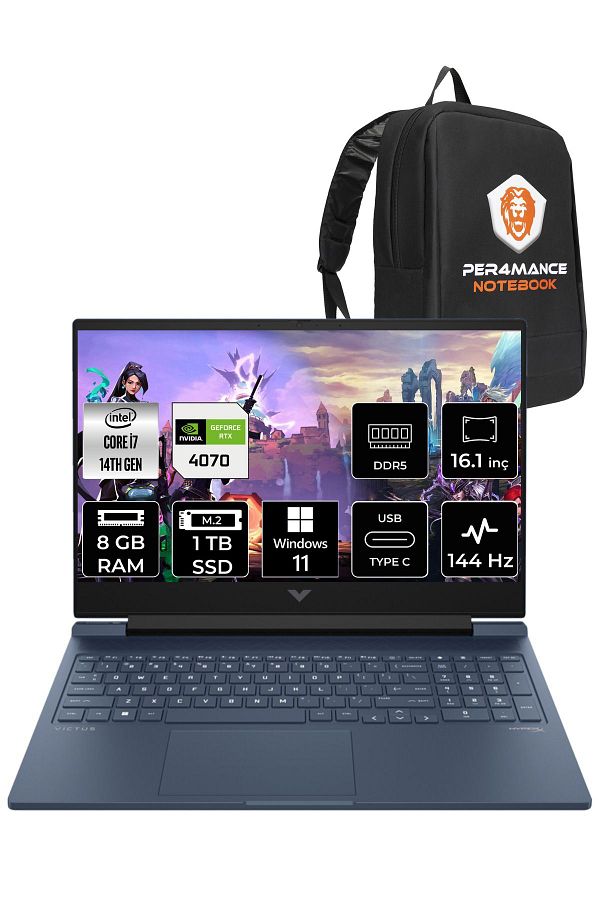HP VİCTUS 16  i7-14700HX 8GB RAM 1TB SSD RTX4070/8GB 144Hz 16.1 FHD W11HOME 9J221EA & PER4 ÇANTA