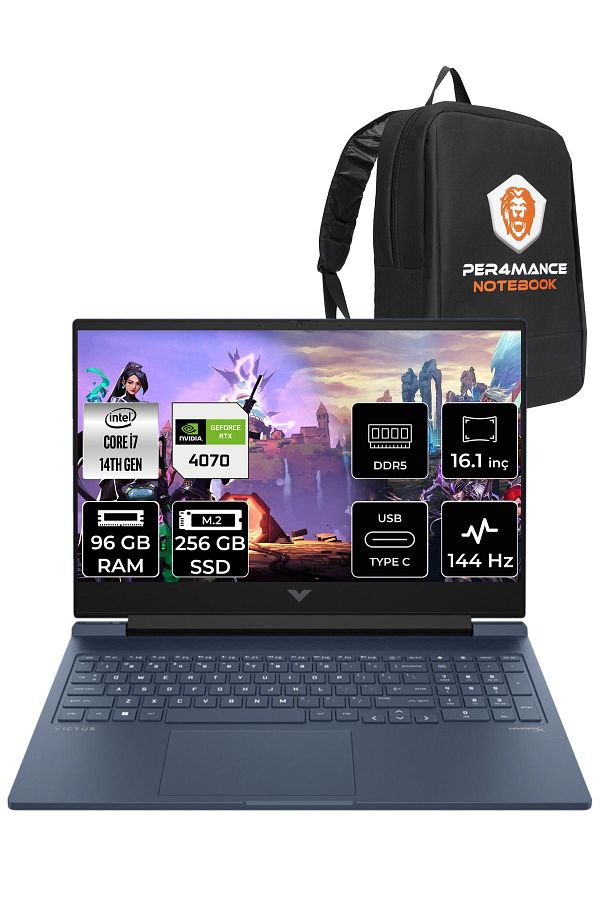 HP VİCTUS 16  i7-14700HX 96GB RAM 256GB SSD RTX4070/8GB 144Hz 16.1 FHD FDOS 9J221EA & PER4 ÇANTA