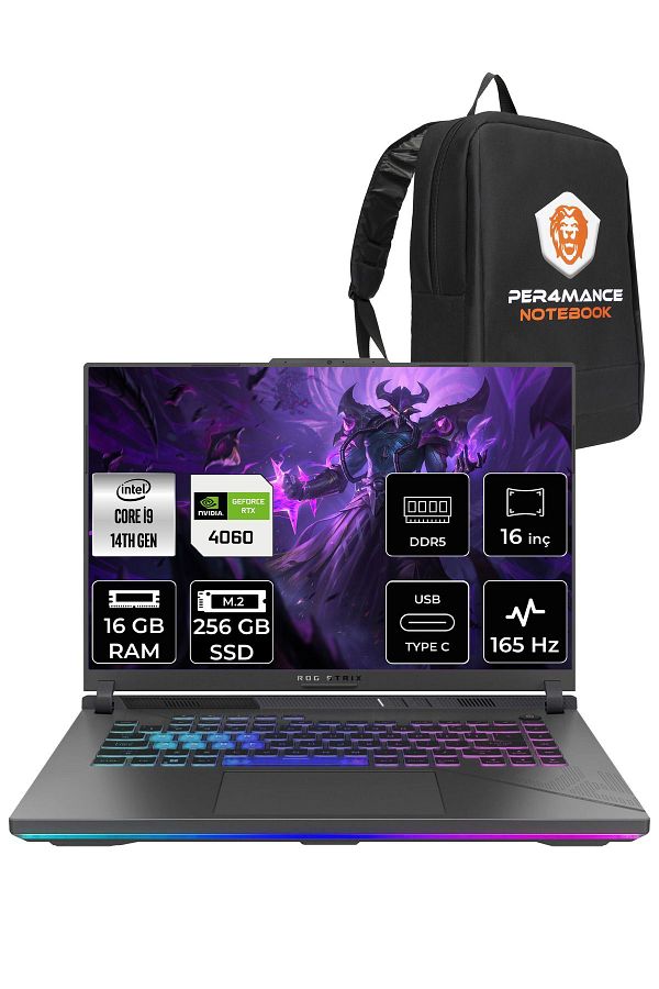 ASUS ROG Strix G16 i9-14900HX 16GB 256GB SSD RTX4060/8GB 165HZ 16" WUXGA FDOS N3117 & PER4 ÇANTA