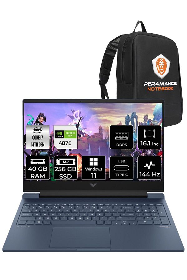 HP VİCTUS 16  i7-14700HX 40GB RAM 256GB SSD RTX4070/8GB 144Hz 16.1 FHD W11HOME 9J221EA & PER4 ÇANTA
