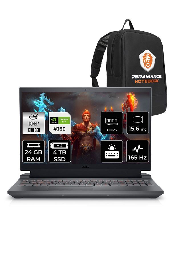 Dell G15 5530 i7 13650HX 24GB 4TB SSD RTX4060/8GB 140W 15.6'' FHD FDOS G155530013 & PER4 ÇANTA
