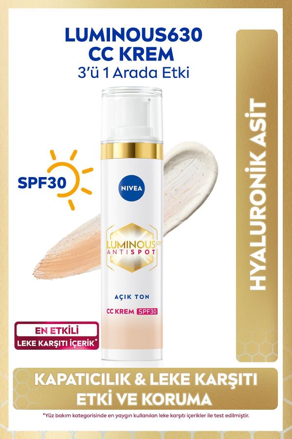 Luminous630 Koyu Leke Karşıtı CC Yüz Kremi 40ml, SPF30 Güneş Koruyucu, Hyaluronik Asit, Açık Ton