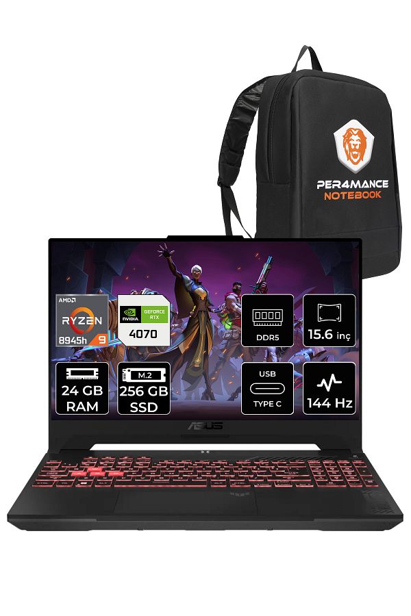ASUS TUF Gaming Ryzen 9 8945H 24GB 256GB SSD RTX4070 144Hz 15.6'' FHD FDOS LP124 & PER4 ÇANTA