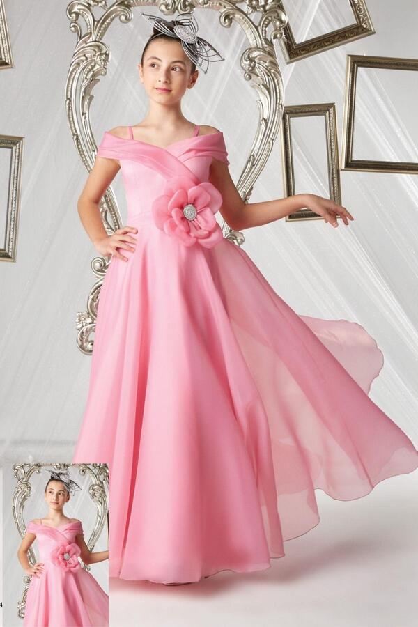 10-15 Yaş Kız Çocuk Pembe Organze Abiye