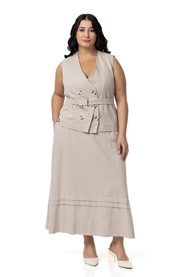 Linen Wrap-front Vest Skirt Two-piece Set &mdash; Beige