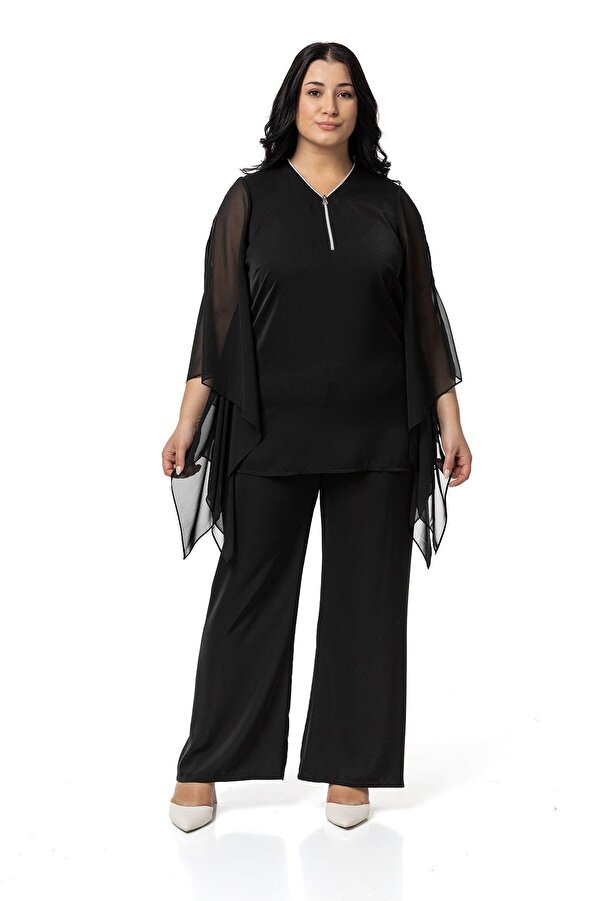 Zip-detail Loose-fit Blouse Trousers Two-piece Set — Black